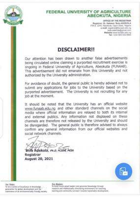 FUNAAB disclaimer notice on recruitment