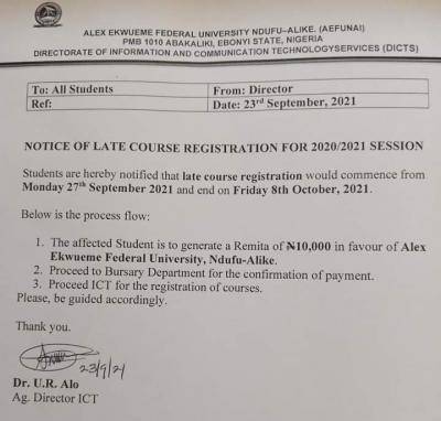 FUNAI notice on Late Course registration for 2020/2021 session