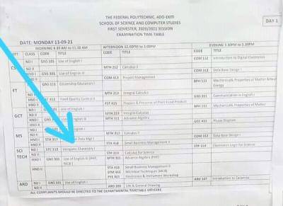 Fed Poly Ado 1st semester exam timetable for 2020/2021 session