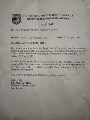 Fed Poly Ado-Ekiti declares lecture free days