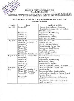 Fed Poly Bauchi re-adjusted academic calendar, 2019/2020