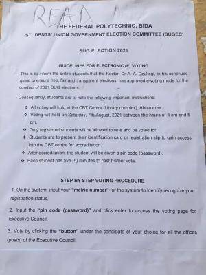 Fed Poly, Bida SUG election guidelines, 2021