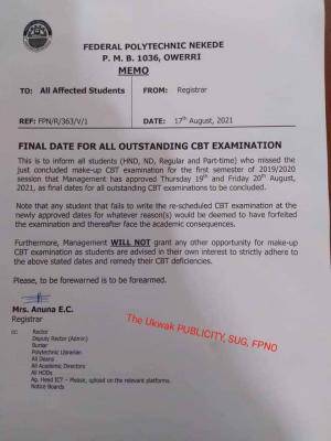 Fed Poly, Nekede final date for all outstanding 1st semester CBT exams, 2019/2020