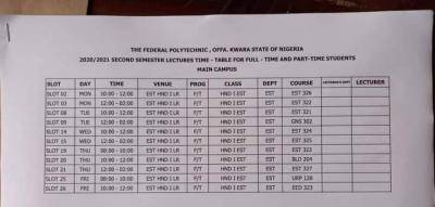 Fed Poly, Offa 2nd semester lecture timetable 2020/2021