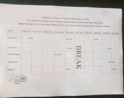 Federal COE, Oyo second semester lecture timetable, 2022/2023 session