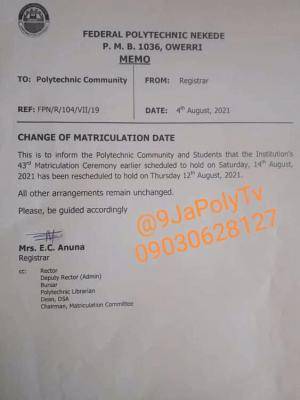 Federal Poly, Nekede reschedules 43rd matriculation date