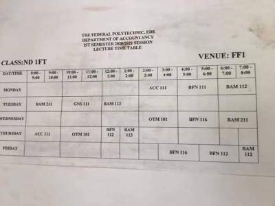 Fedpoly Ede first semester Lecture timetable 2020/2021