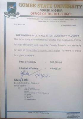 GOMSU notice on sales of Inter/intra faculty & inter university transfer form