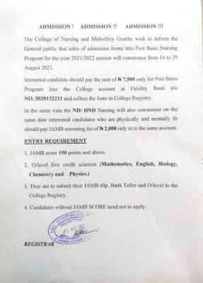 Gombe State College of Nursing and Midwifery Post-basic Nursing admission, 2021/2022