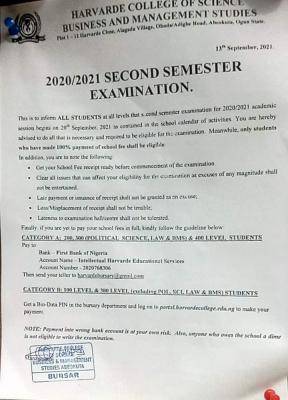 Harvard College of Science Business and management studies notice on 2nd semester exam