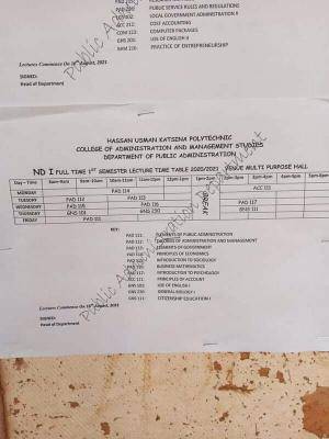 Hassan Usman Katsina Poly first semester lecture timetable for 2020/2021 session