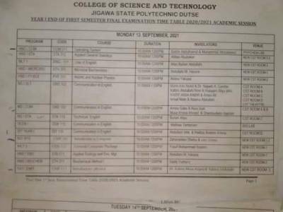 Jigawa Polytechnic 1st semester examination timetable, 2020/2021