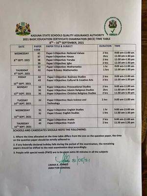 KDSG 2021 Basic Education Certificate Examination Timetable