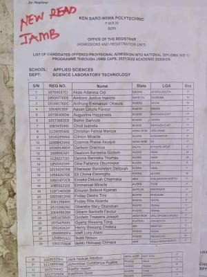 KENPOLY 1st Batch ND Admission List, 2021/2022