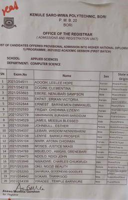 KENPOLY 1st batch HND admission list, 2021/2022