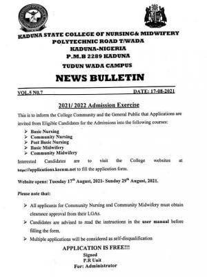 Kaduna College Of Nursing & Midwifery admission for, 2021/2022