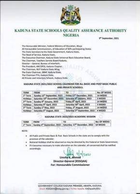 Kaduna State releases 2021/2022 academic calendar for schools