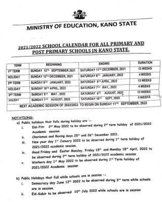 Kano State primary & post primary school calendar, 2021/2022 session