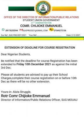 MOUAU SUG notice to students on extension of course registration deadline