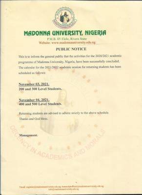 Madonna University resumption date for 2021/2022 academic session