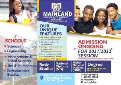 Mainland College of Technology Admission for 2021/2022 session