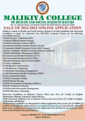 Malikiya College of Health and Social Science admission, 2021/2022