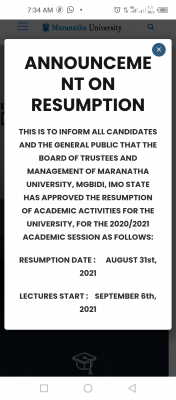 Maranatha University resumption date, 2020/2021