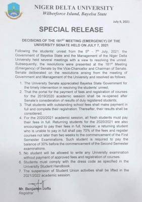 NDU notice to students on the decisions of Bayelsa State Govt. and the Management