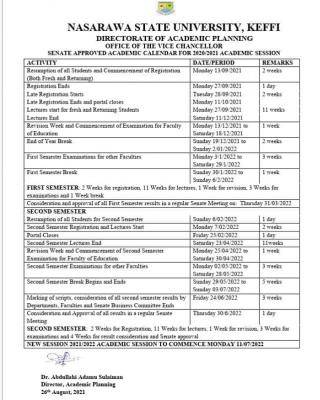 NSUK approved academic calendar, 2020/2021