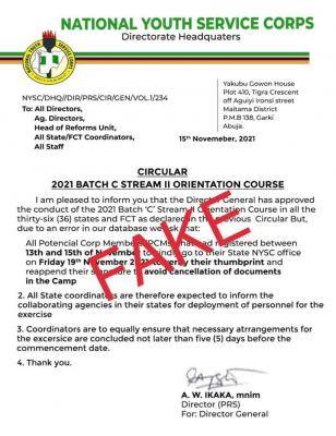 NYSC notice on a fake circular regarding 2021 Batch C stream II orientation course