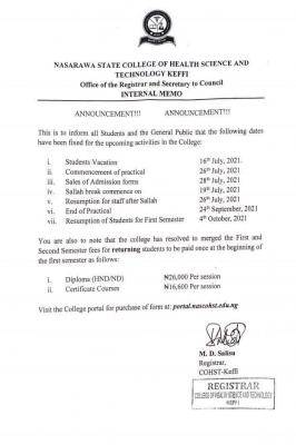 Nasarawa State College of Health Sciences notice on payment of fees and academic events