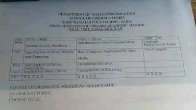 Nuhu Bamalli Polytechnic ND I 1st semester lecture timetable, 2022/2023 session