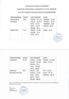 OAU admissions cut off marks, 2021/2022