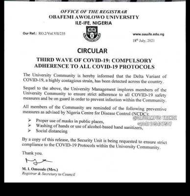 OAU releases fresh guidelines for staff and students amidst third wave covid-19