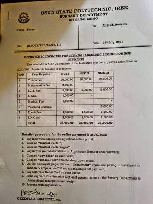 OSPOLY approved school fees for NCE Students, 2020/2021