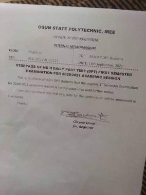 OSPOLY management suspends ongoing DPT ND2 first semester examination