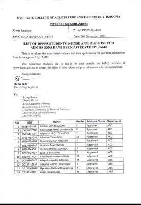 OYSCATECH list of part-time candidates that have received application approval from JAMB