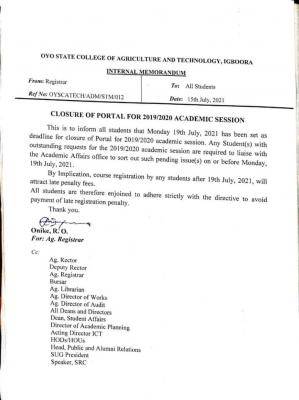 OYSCATECH notice on closure of portal for 2019/2020 Session