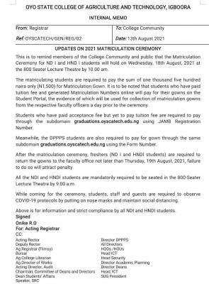 OYSCATECH update on matriculation ceremony, 2021