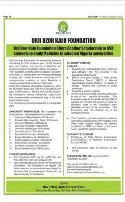 Orji Uzor Kalu Foundation scholarship to 650 students to study Medicine in selected Nigerian Universities 