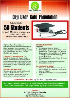 Orji Uzor Kalu Foundation scholarship to Study Medicine in Venezuela