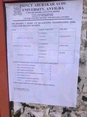 PAAU pre-degree examination timetable, 2022/2023 session