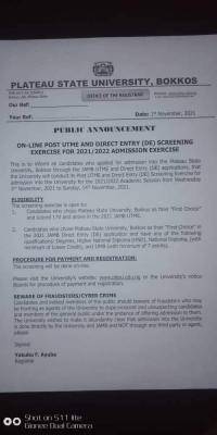 PLASU Post-UTME/DE 2021: cut-off mark, eligibility and registration details