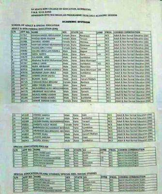 Sa'adatu Rimi College Of Education NCE regular admission list, 2020/2021