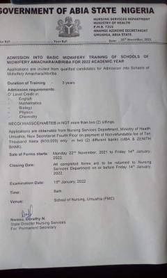 School of Midwifery, Amachara-Abiriba Basic Midwifery admission - 2022 session