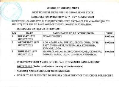 School of Nursing, Mkar entrance exam result & interview dates, 2021/2022