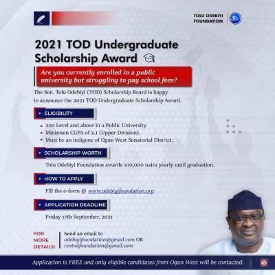 Senator Tolu Odebiyi Undergraduate Scholarship for Ogun West Indigenes