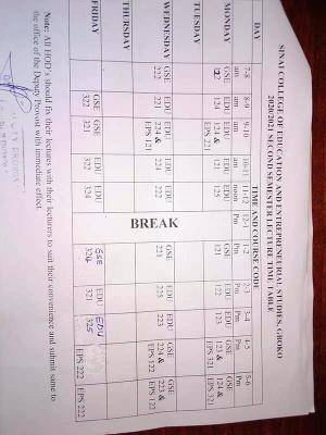 Sinai College of Education 2nd semester lecture timetable for 2020/2021 session