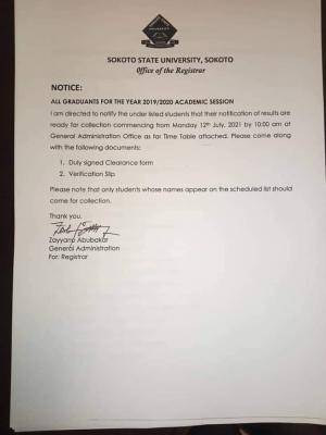 Sokoto State University notice to 2019/2020 graduands