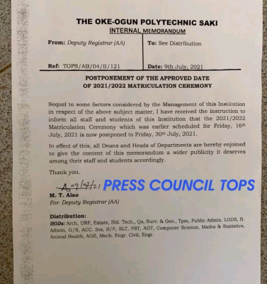 The Oke Ogun Polytechnic postpones matriculation for 2021/2022 session